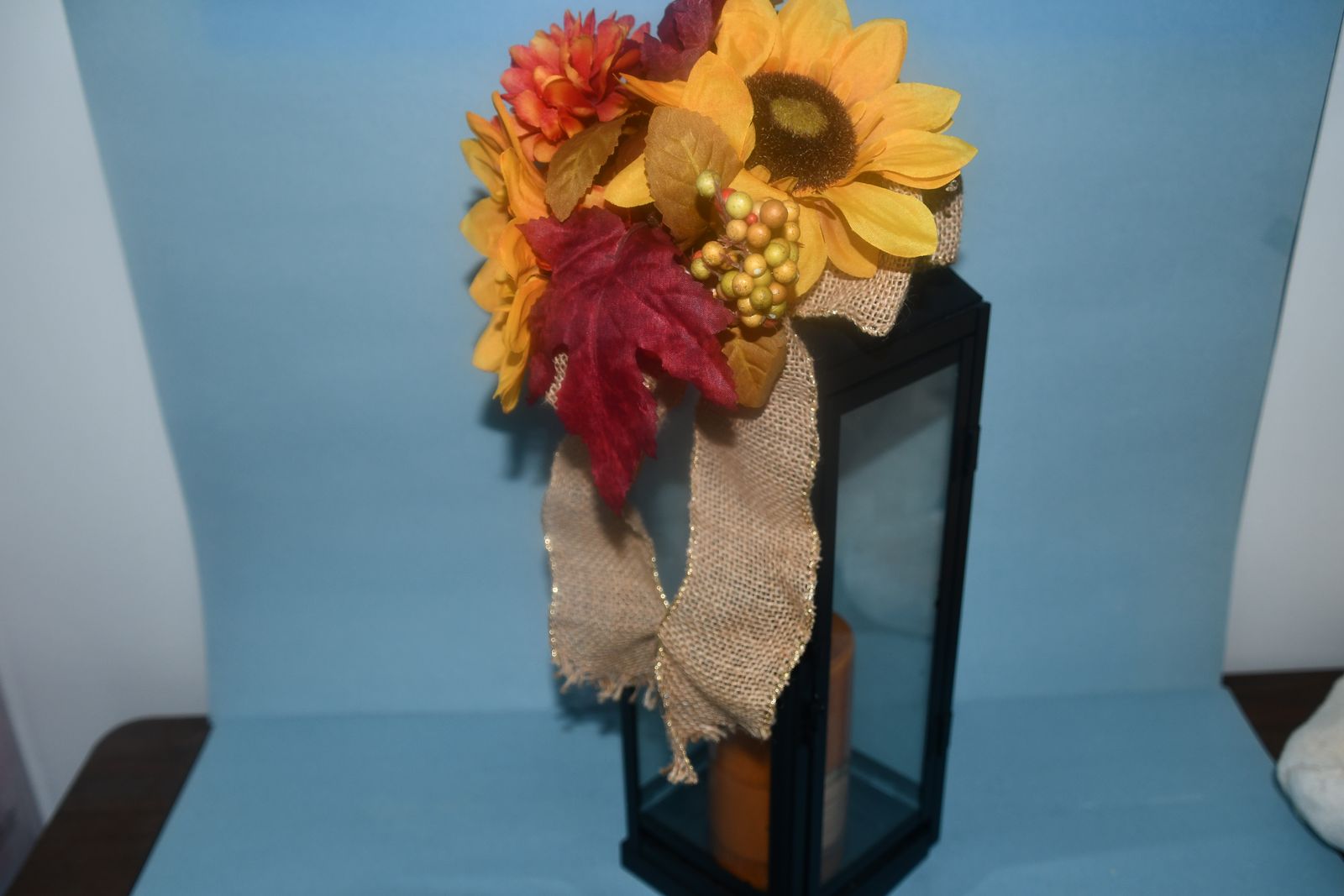 LARGE BLACK METAL FALL LANTERN with CANDLE ~ HEIGHT 17" ~ FLOWERS ~ SPICE COLORED CANDLE ~ QUALITY!