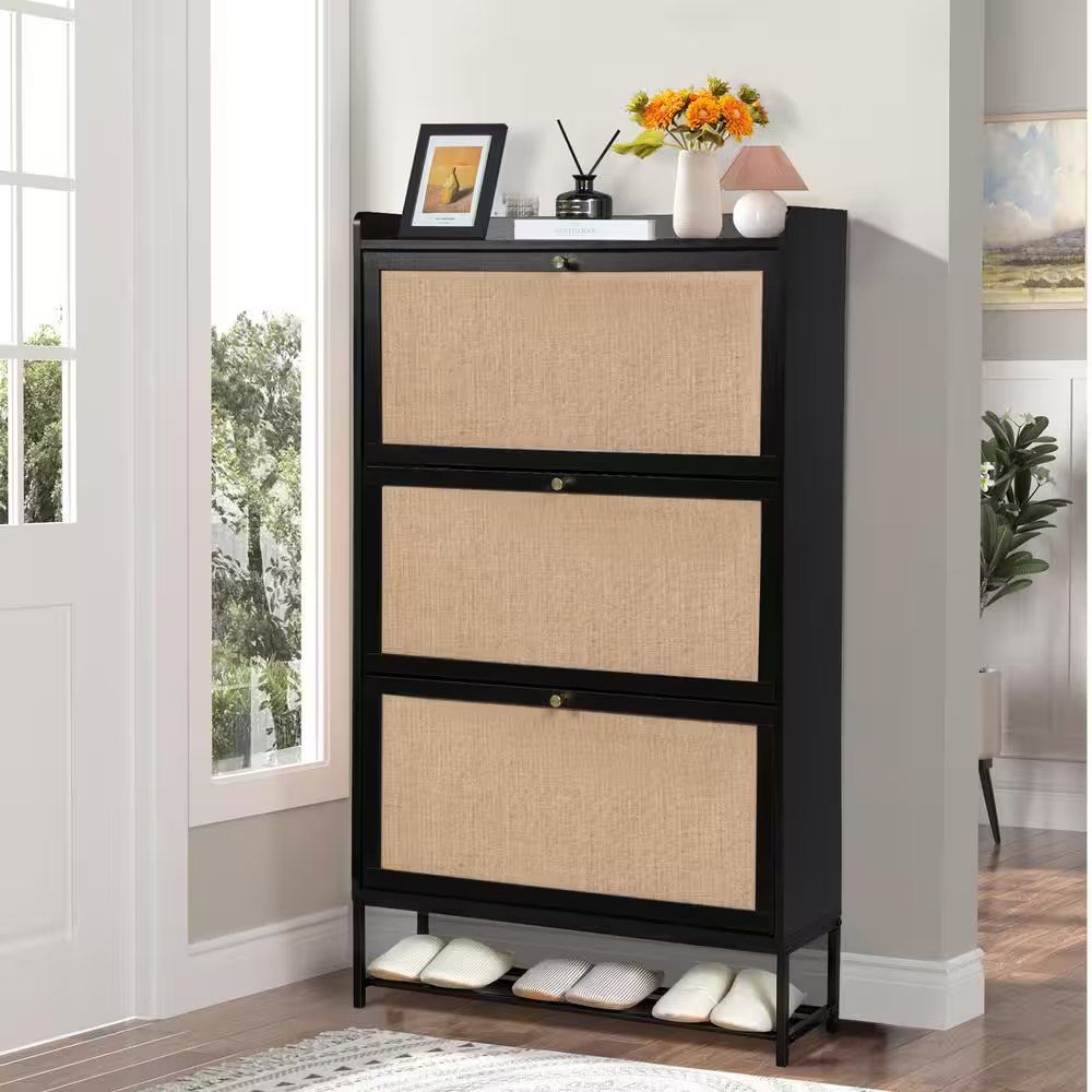 Black Wooden Shoe Storage Cabinet with Drawer
