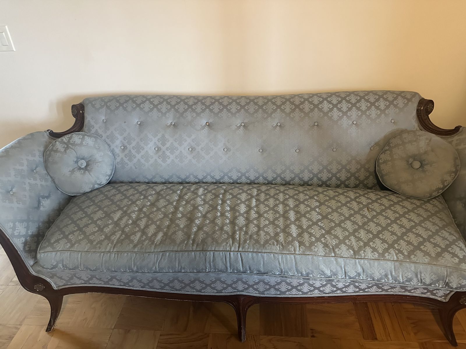 Vintage Queen Anne Fabric Couch - Antique Blue Damask Settee