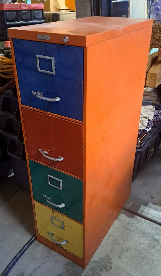 Vintage Metal Filing Cabinet - Orange with Multi-Color Drawers, 4-Drawer, Industrial Storage.