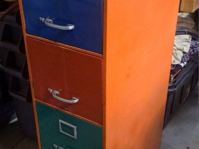 Vintage Metal Filing Cabinet - Orange with Multi-Color Drawers, 4-Drawer, Industrial Storage.