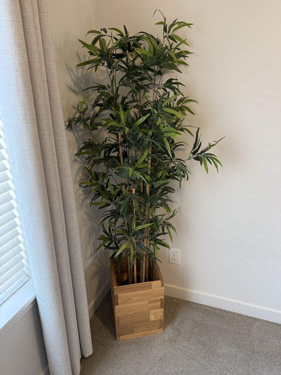 Large Faux Bamboo Plant + Wood Planter