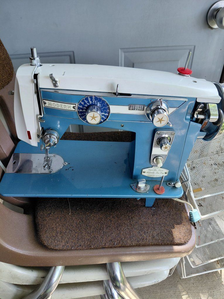 Vintage Modern Deluxe Automatic Zig Zag Sewing Machine - Blue & White, Made in Japan