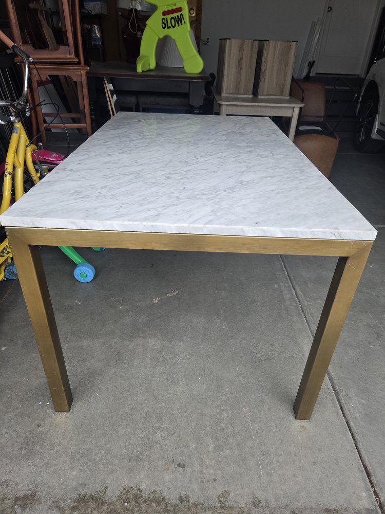 Crate & Barrel Parsons White Marble Top/ Brass Base 60 W x 36 D x 30 H Dining Table