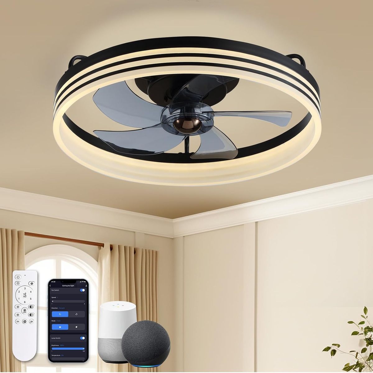 16" Matte Black Low Profile Smart Ceiling Fan with Lights