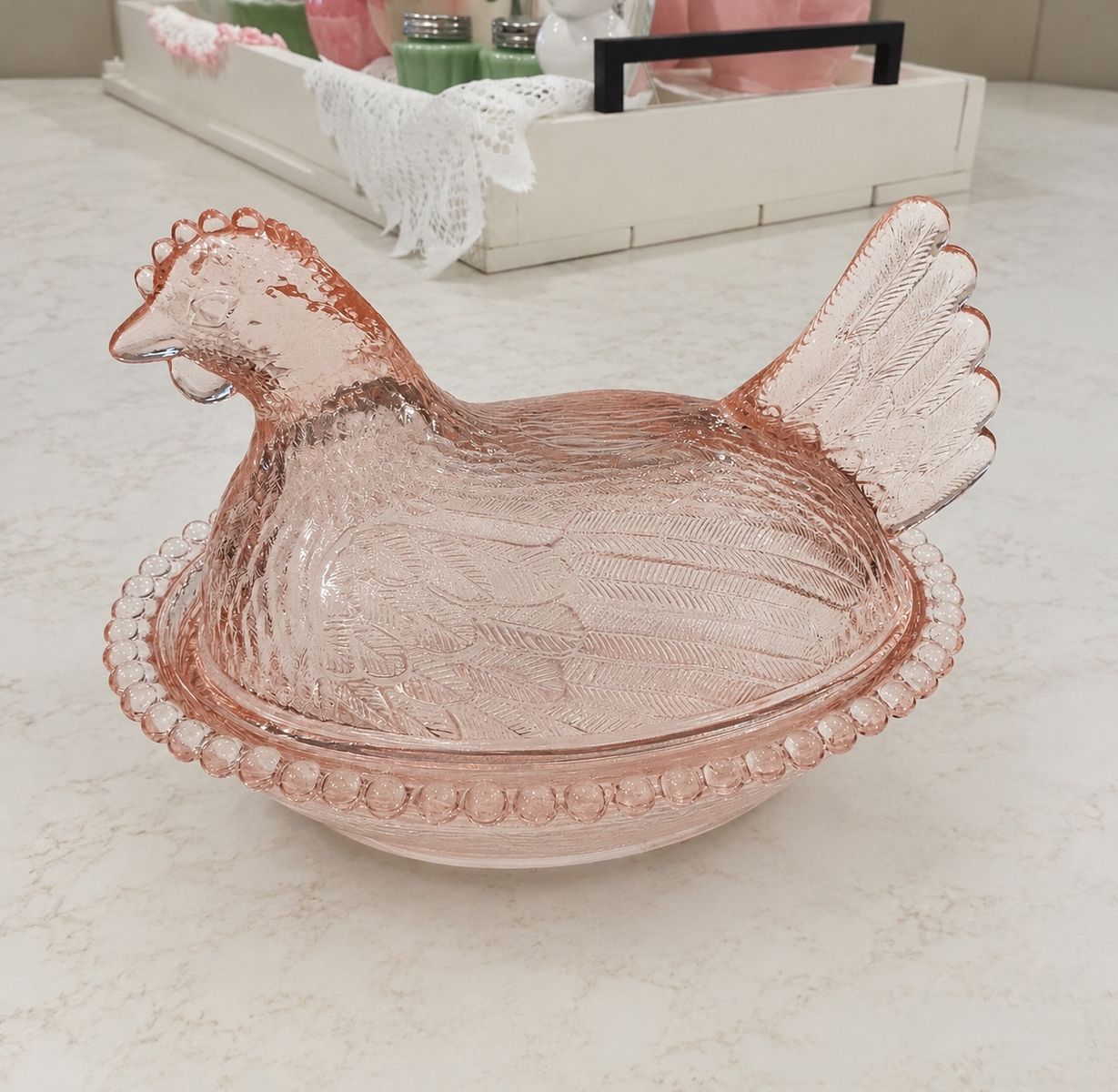 Vintage Pink Depression Glass Hen on Nest Covered Candy Dish