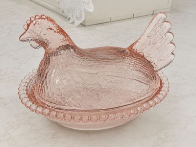 Vintage Pink Depression Glass Hen on Nest Covered Candy Dish
