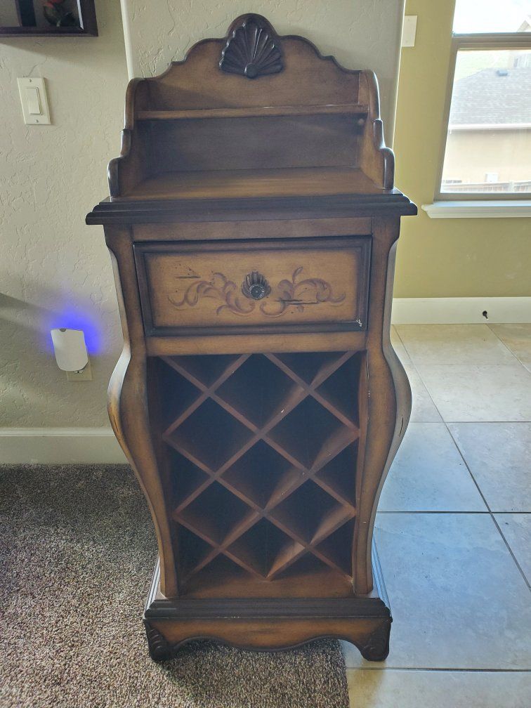Ornate Wood Wine Rack Cabinet with Drawer & Shelf - Holds 7 Bottles
