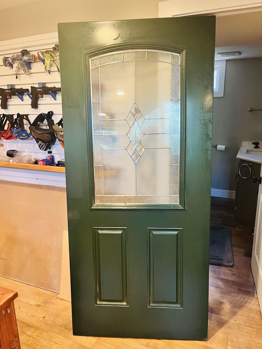 Brand new metal Green Entry Door with Glass Insert - 36" x 80". Can be drilled for either side.