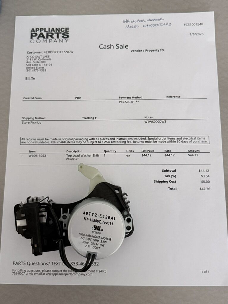 Whirlpool Top Load Washer Shift Actuator