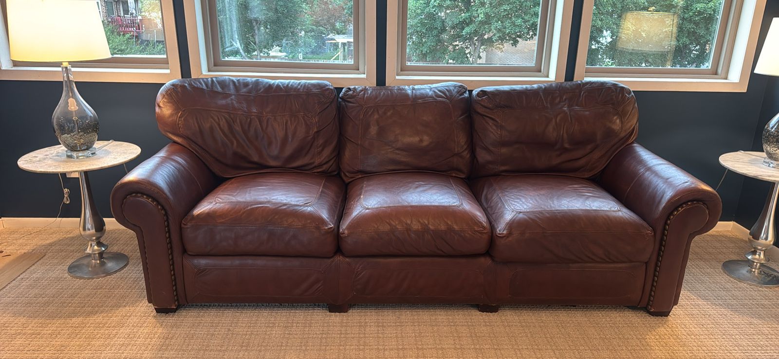Classic Brown Leather Sofa - 3-Seater Couch with Rolled Arms & Nailhead Trim