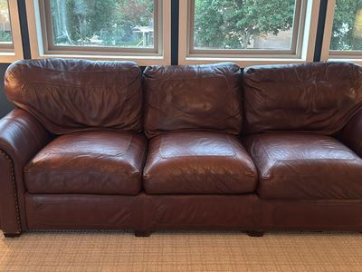 Classic Brown Leather Sofa - 3-Seater Couch with Rolled Arms & Nailhead Trim
