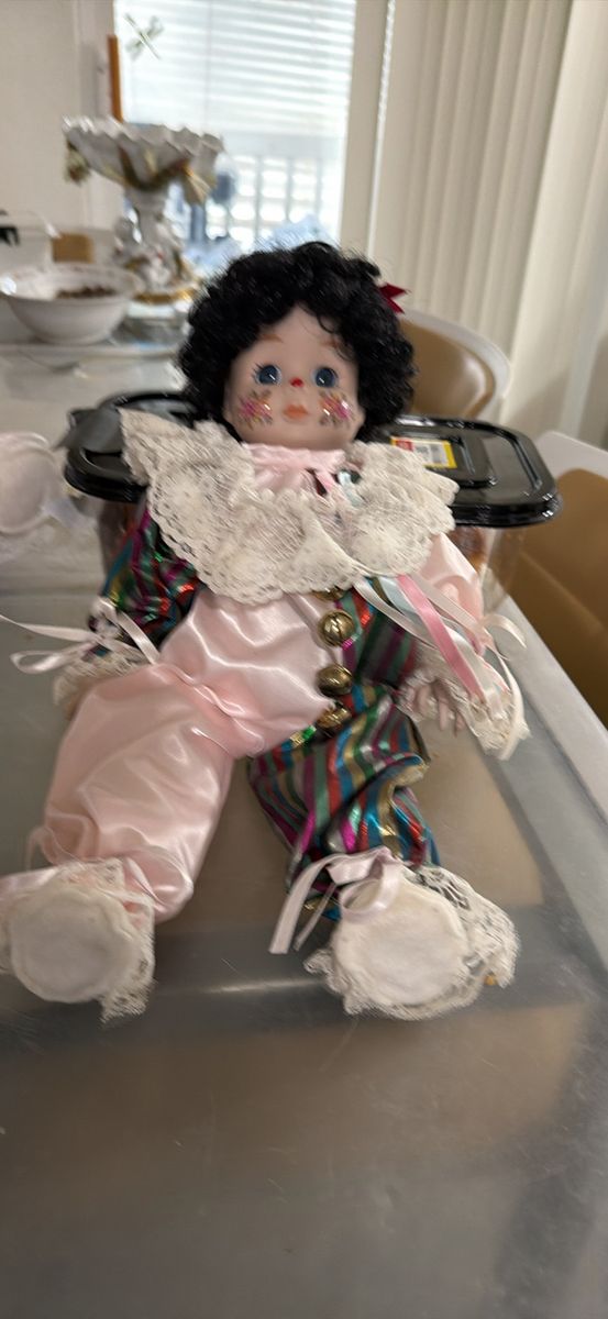 Vintage Porcelain Clown Doll with Black Hair and Pink Multi-Color Satin Costume