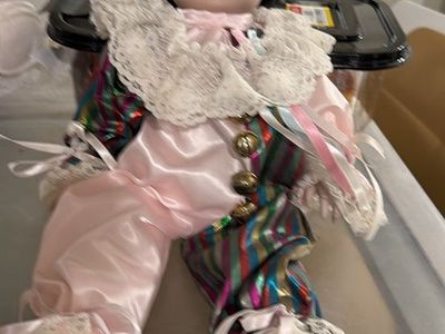 Vintage Porcelain Clown Doll with Black Hair and Pink Multi-Color Satin Costume