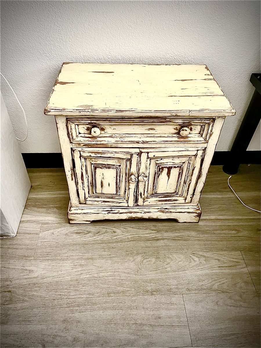 Rustic Distressed Off-White Wooden Nightstand Cabinet with Drawer and Storage