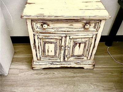 Rustic Distressed Off-White Wooden Nightstand Cabinet with Drawer and Storage