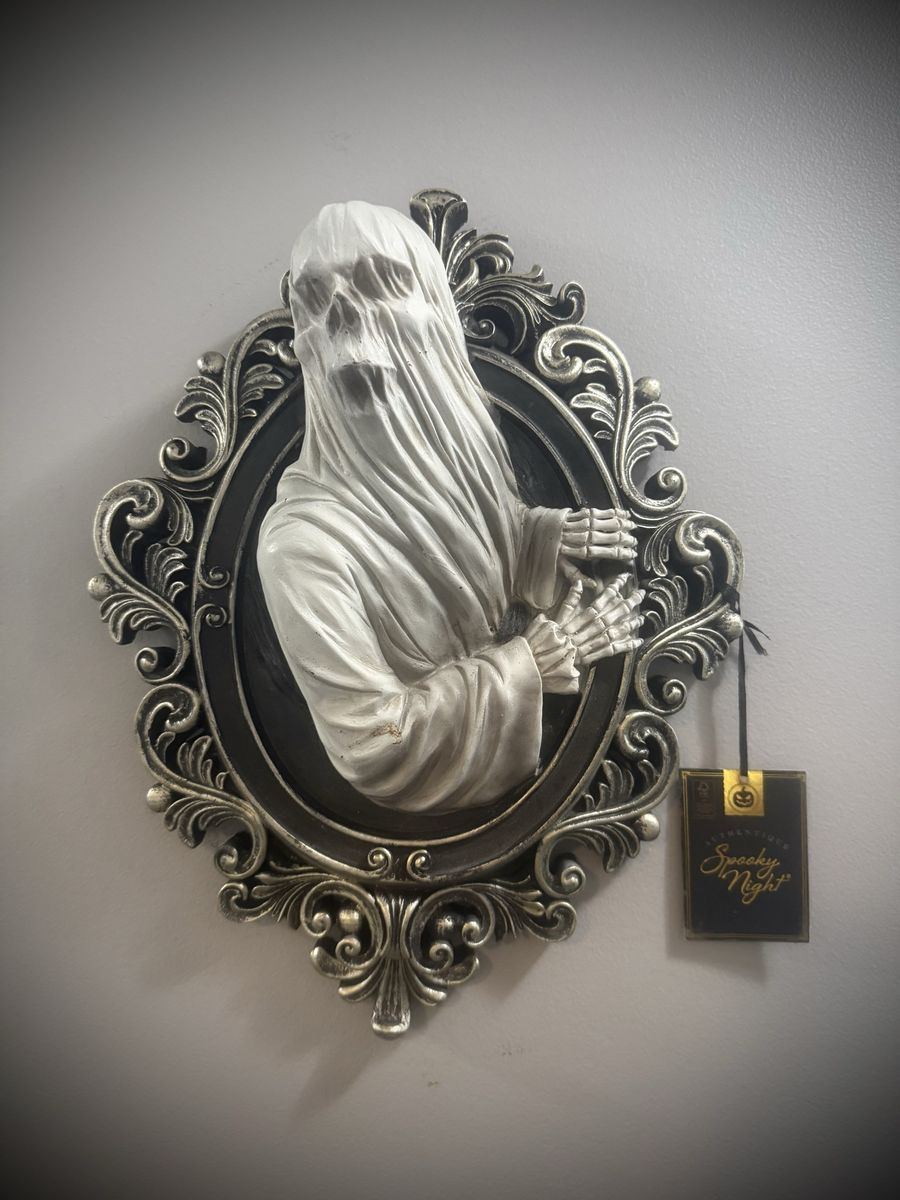 Halloween Spooky Night 3D Ghost in Ornate Silver Frame Wall Decor