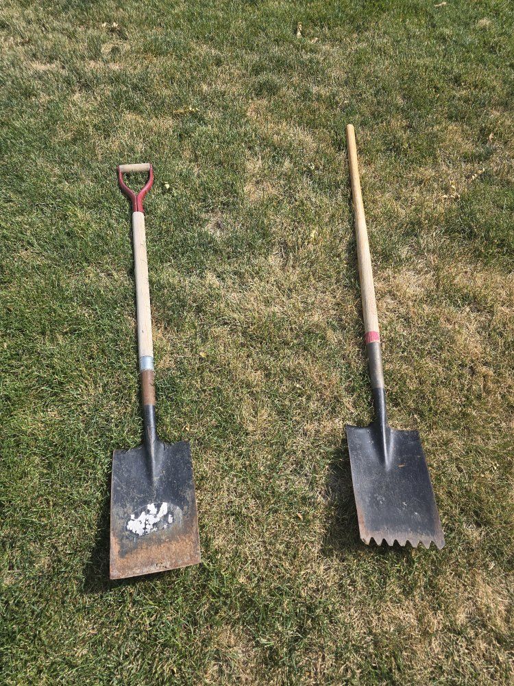 Pair of Used Shovels - Standard Digging Shovel & Serrated Edge Root Shovel for Gardening