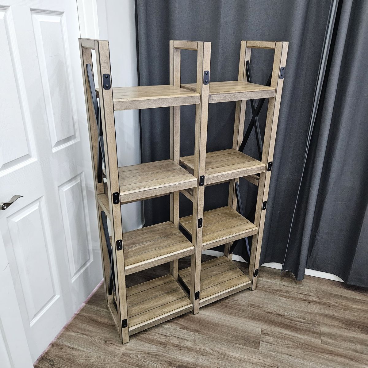 Rustic Wood & Metal 2-Piece 4-Tier Ladder Bookshelf/Storage Shelf Unit