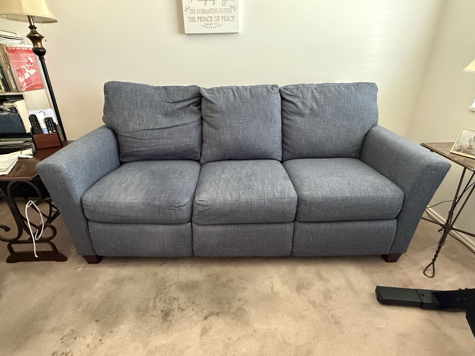 Ashley Furniture Blue Fabric Fully Working Electric Reclining 3-Cushion Sofa Couch, 2 years old over $1,000 retail -Must Pick Up