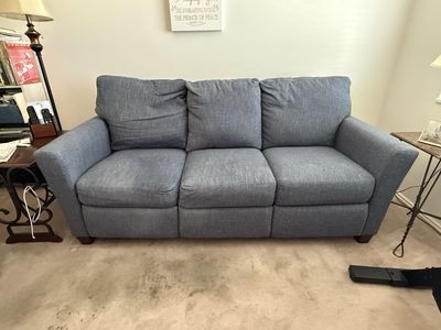 Ashley Furniture Blue Fabric Fully Working Electric Reclining 3-Cushion Sofa Couch, 2 years old over $1,000 retail -Must Pick Up