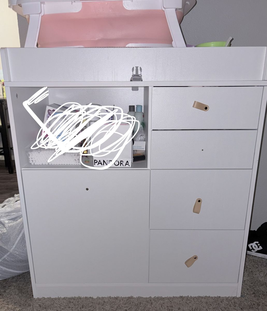 White Nursery Changing Table Dresser with Storage Drawers and Open Shelf