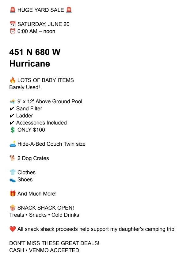 Yard Sale - Baby Items, Pool, Hide-A-Bed, Dog Crates, Clothes, Shoes, & More! Hurricane, UT