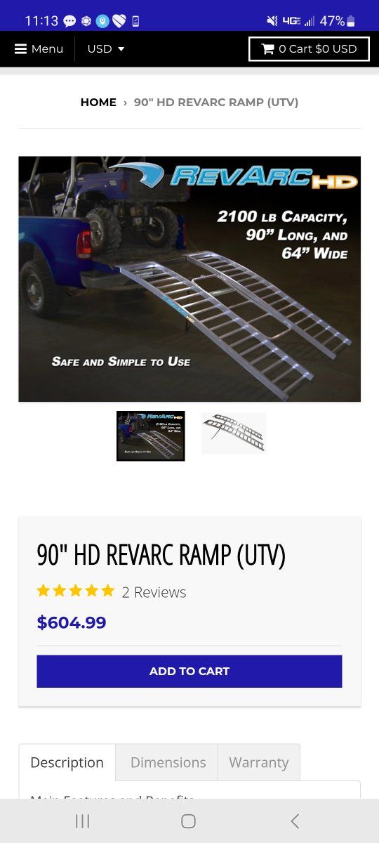 RevArc HD UTV Ramps, 90" Long x 64" Wide, 2100 lb Capacity, Aluminum Loading Ramps