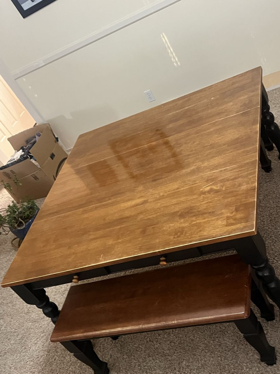 Wooden Dining Table with Drop Leaves and Two Benches - Versatile Seating for Your Home