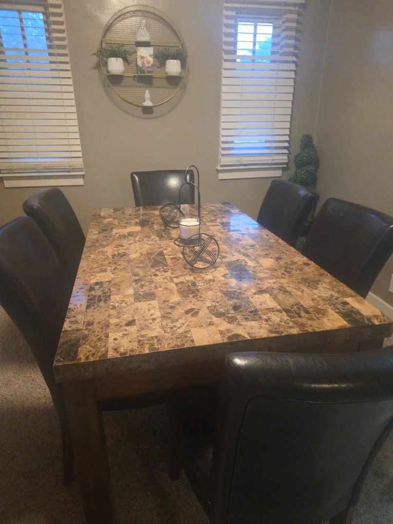Dining Table w/ Solid Marble Top & 6 Black Leather Chairs - Used