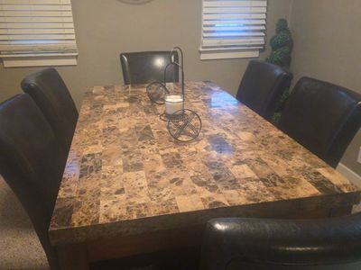 Dining Table w/ Solid Marble Top & 6 Black Leather Chairs - Used