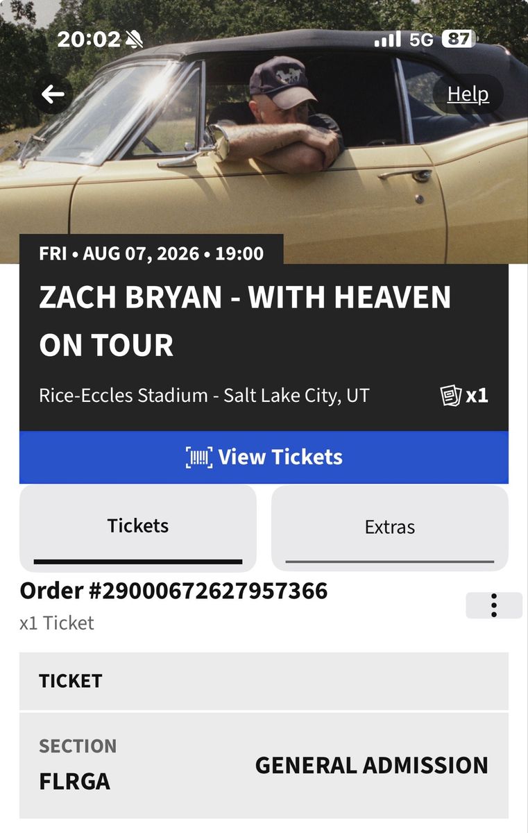 Zach Bryan Concert Ticket - Rice-Eccles Stadium - Aug 7, 2026 - FLRGA Floor GA