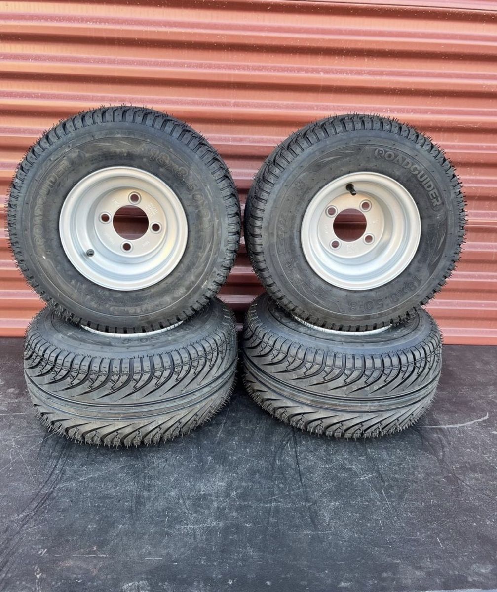 Brand New Set of 4 Road Guider Golf Cart Tires Mounted on New Silver Wheels          18 X 8.5 - 8  Perfect for Multi Use