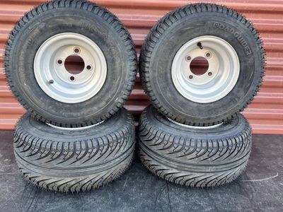 Brand New Set of 4 Road Guider Golf Cart Tires Mounted on New Silver Wheels 18 X 8.5 - 8 Perfect for Multi Use