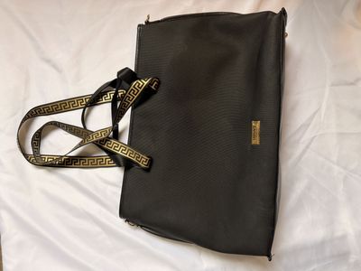 Versace Black Canvas Tote Bag with Gold Greek Key Strap and Pouch