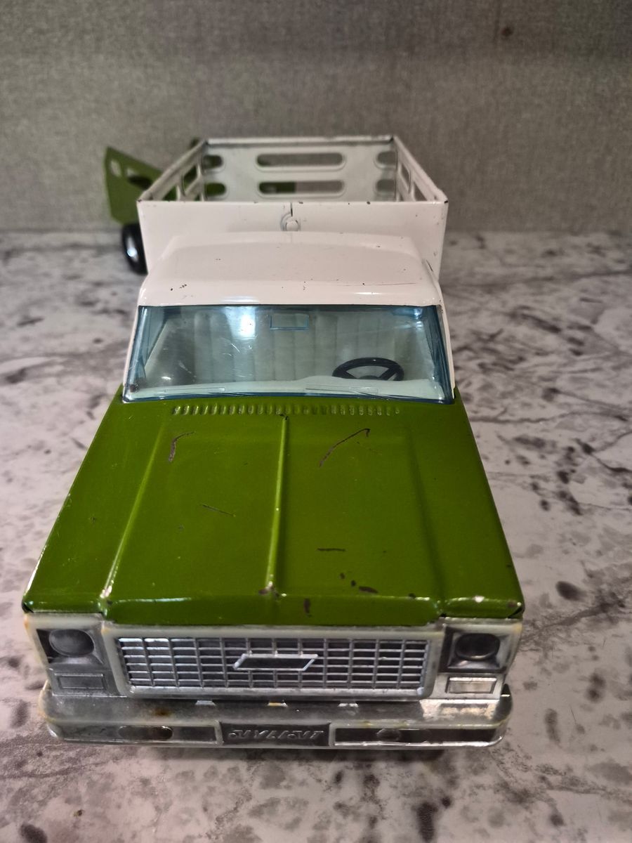Vintage 1970s Nylint Chevy Stake Bed Truck & Trailer Green Farm Pressed Steel