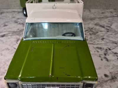 Vintage 1970s Nylint Chevy Stake Bed Truck & Trailer Green Farm Pressed Steel