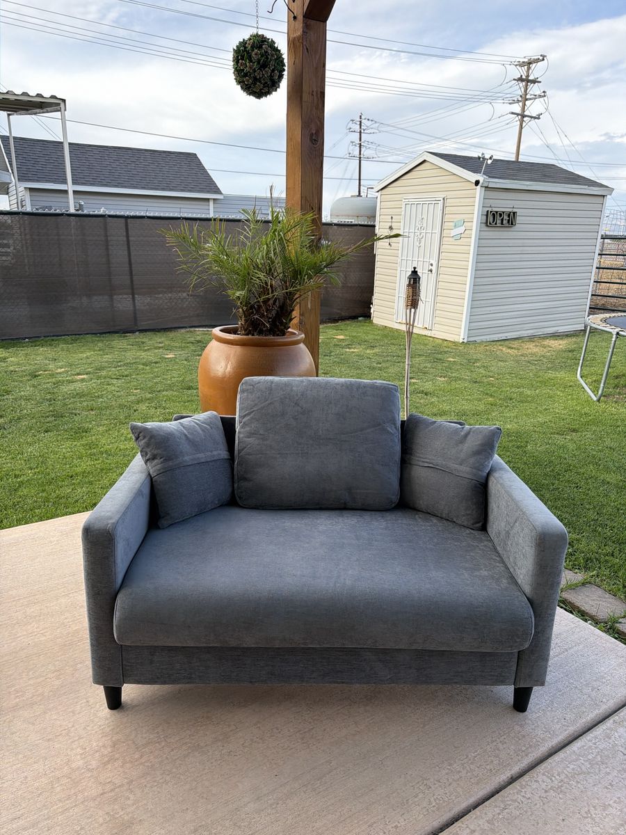 Gray Upholstered Loveseat Couch with Accent Pillows
