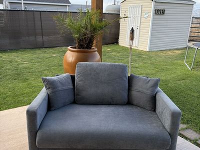 Gray Upholstered Loveseat Couch with Accent Pillows