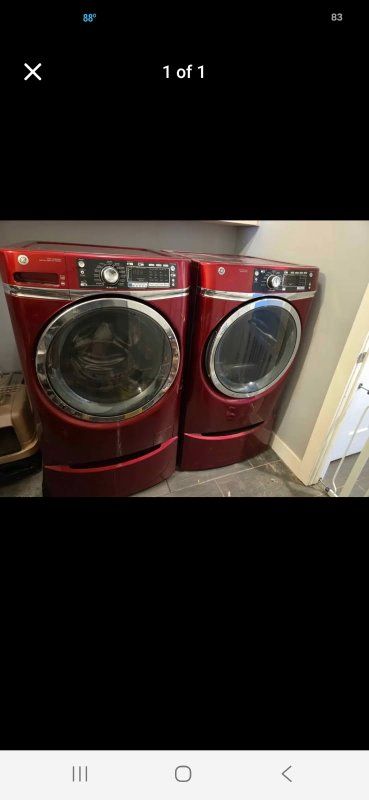GE Profile Red Front Load Washer &connection. Gas Dryer Set - Used