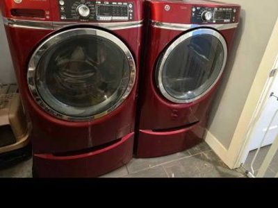 GE Profile Red Front Load Washer &connection. Gas Dryer Set - Used