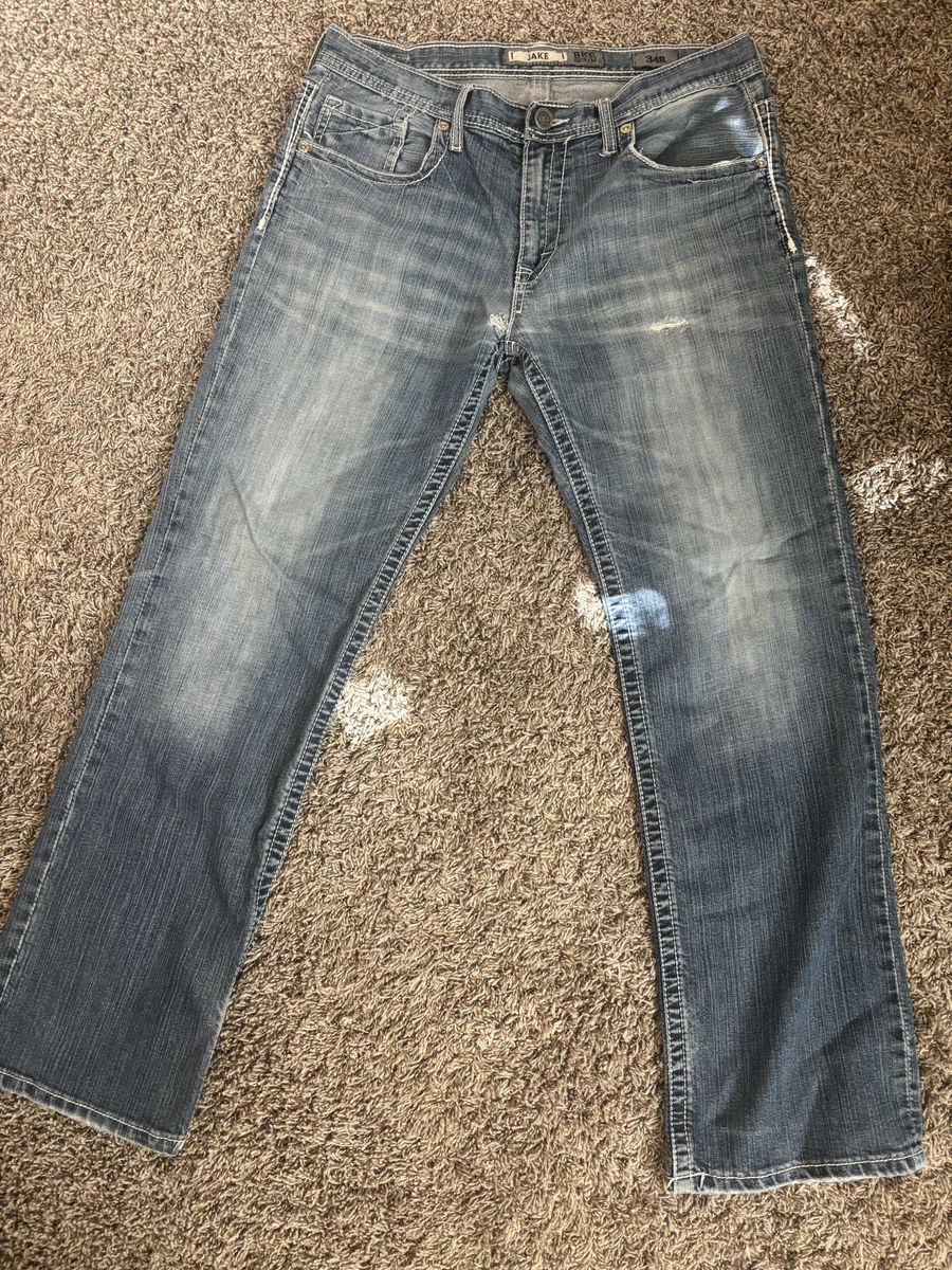 Men's Buckle Jeans - Distressed Wash, Embroidered Pockets 34R