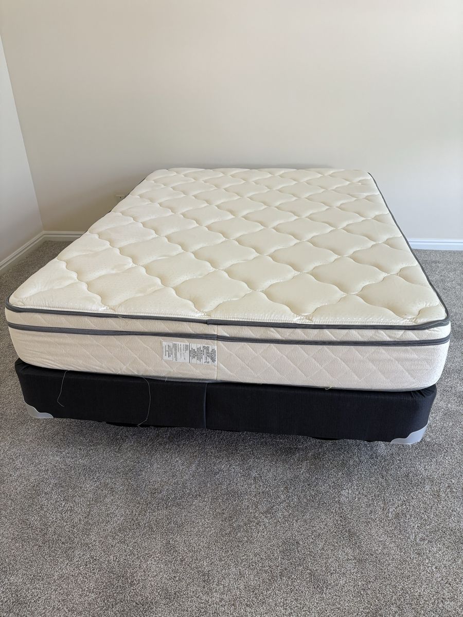 Full size mattress, box spring and frame.