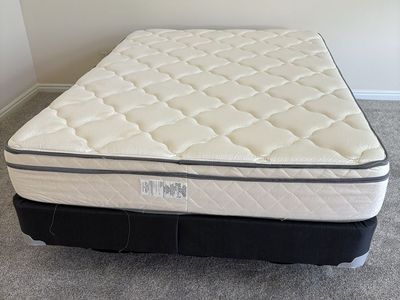Full size mattress, box spring and frame.