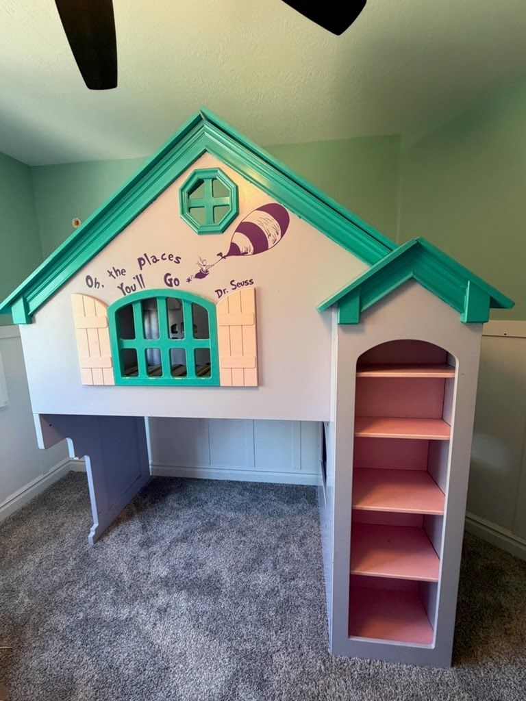 Dollhouse Loft Twin bed with shelves- can be twin over full