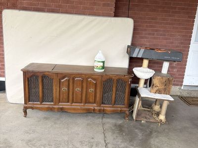 Free cat tower, and brand new box spring, used snowmobile shocks also many other free items