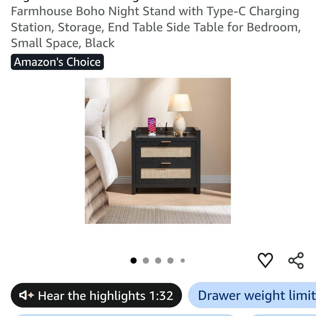 NEW IN BOX SICOTAS black Rattan bedside table with charging station