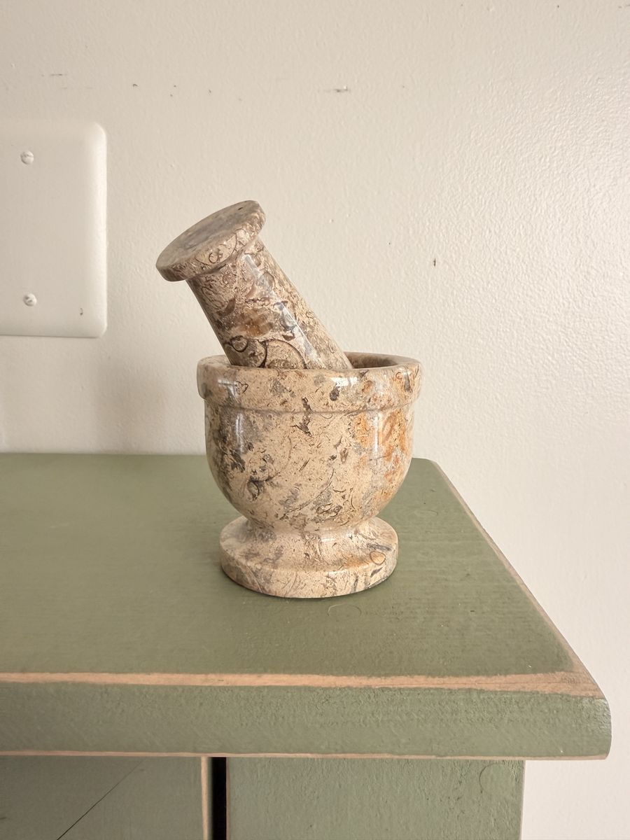 Stone Fossil Mortar and Pestle Set Brown Tan 4 Inch