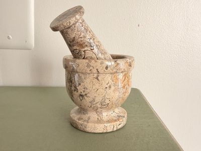 Stone Fossil Mortar and Pestle Set Brown Tan 4 Inch