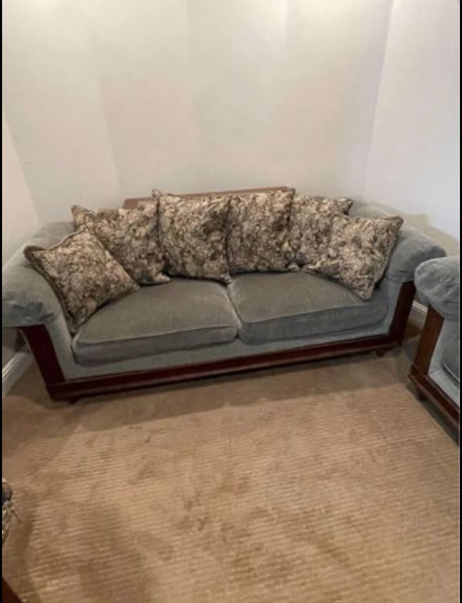 Vintage Style Wood Trim Sofa, Loveseat and Chair Set with Floral Cushions - Light Green and Floral Earth Tones.